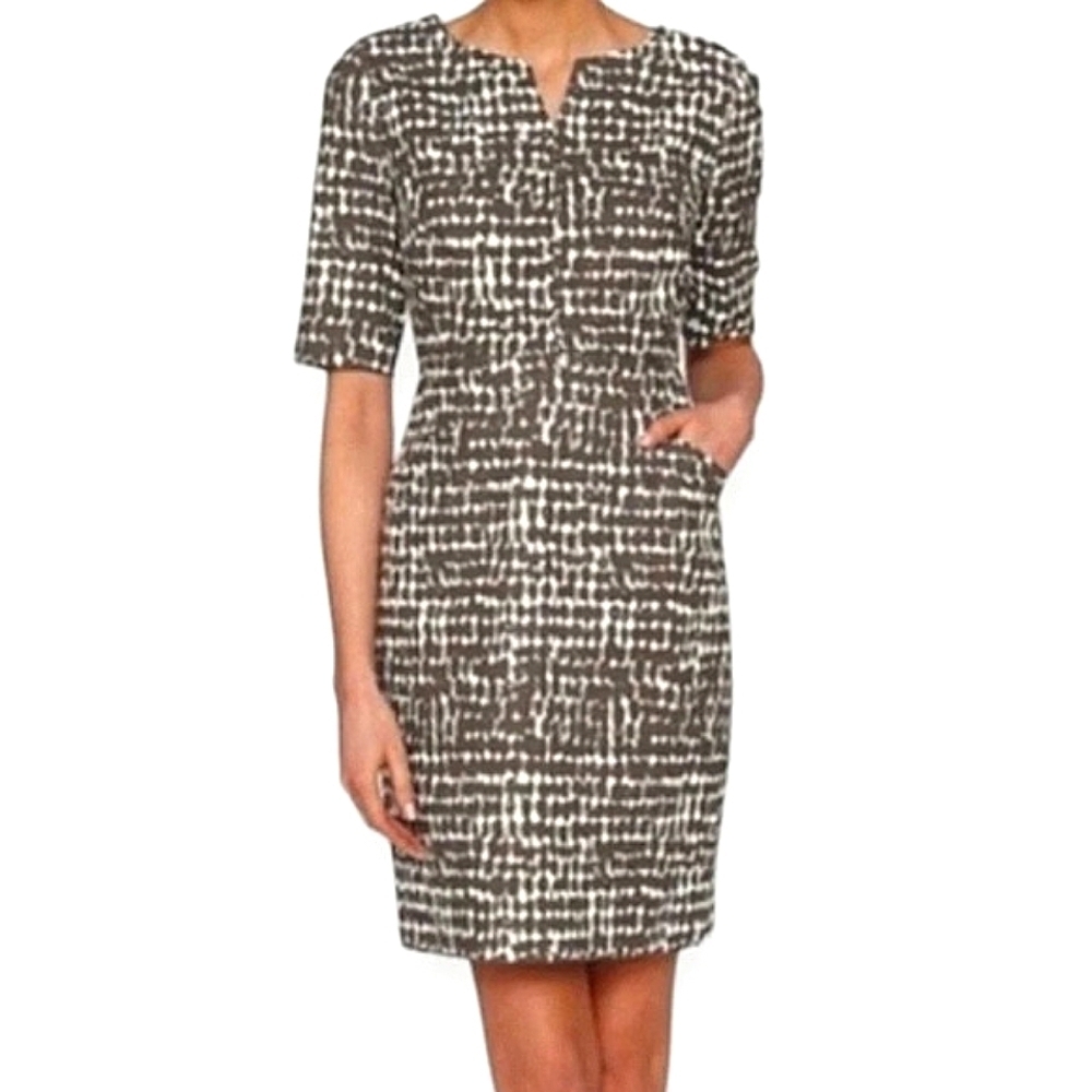 L.K. Bennett Dr Cho Sheath Dress Brown and Cream Front Pockets Elbow Sleeve 6